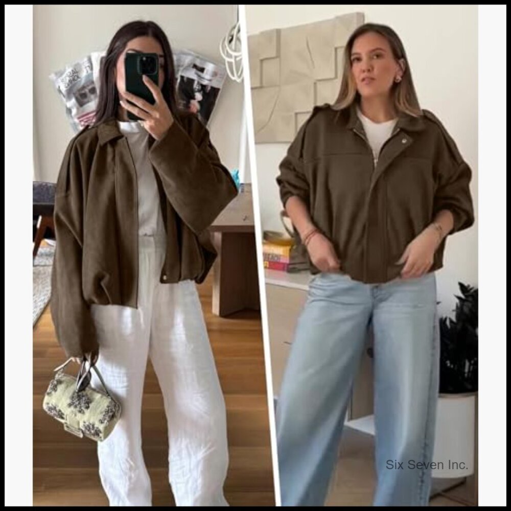 Faux Suede Bomber Jacket Oversized Cropped Pilot Coat - Picture 4 of 7